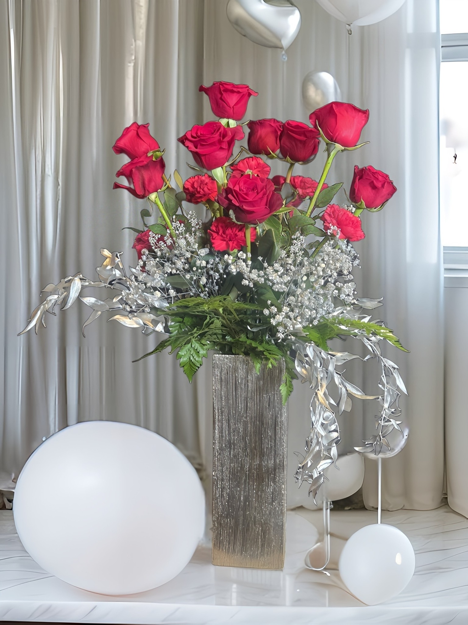 Red Rose Silver Vase